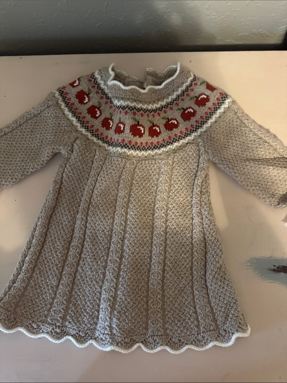 Baby Girls' Knit Dress with Red Apple Yoke, matching crochet hat and socks